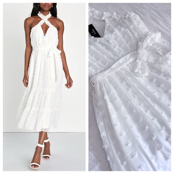 Lulus Dresses & Skirts - Lulus White Dot Halter Midi Dress SMALL (Fits Medium) Bridal. Beach. Summer. $79